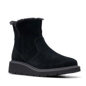 Clarks Suede Black Ankle Booties with Plush Trim